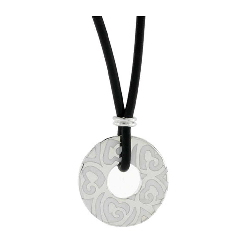 Sterling Silver Hearts Round Disc Pendant on Rubber Necklace White Enamel, 20 inches long