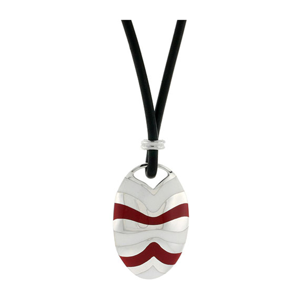 STERLING SILVER CURVY LINES OVAL DISC PENDANT ON RUBBER NECKLACE RED & WHITE ENAMEL, 20 INCHES LONG