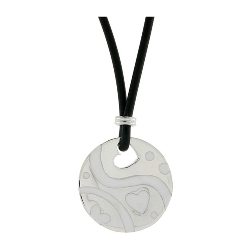 Sterling Silver Hearts Round Disc Pendant on Rubber Necklace White Enamel, 20 inches long