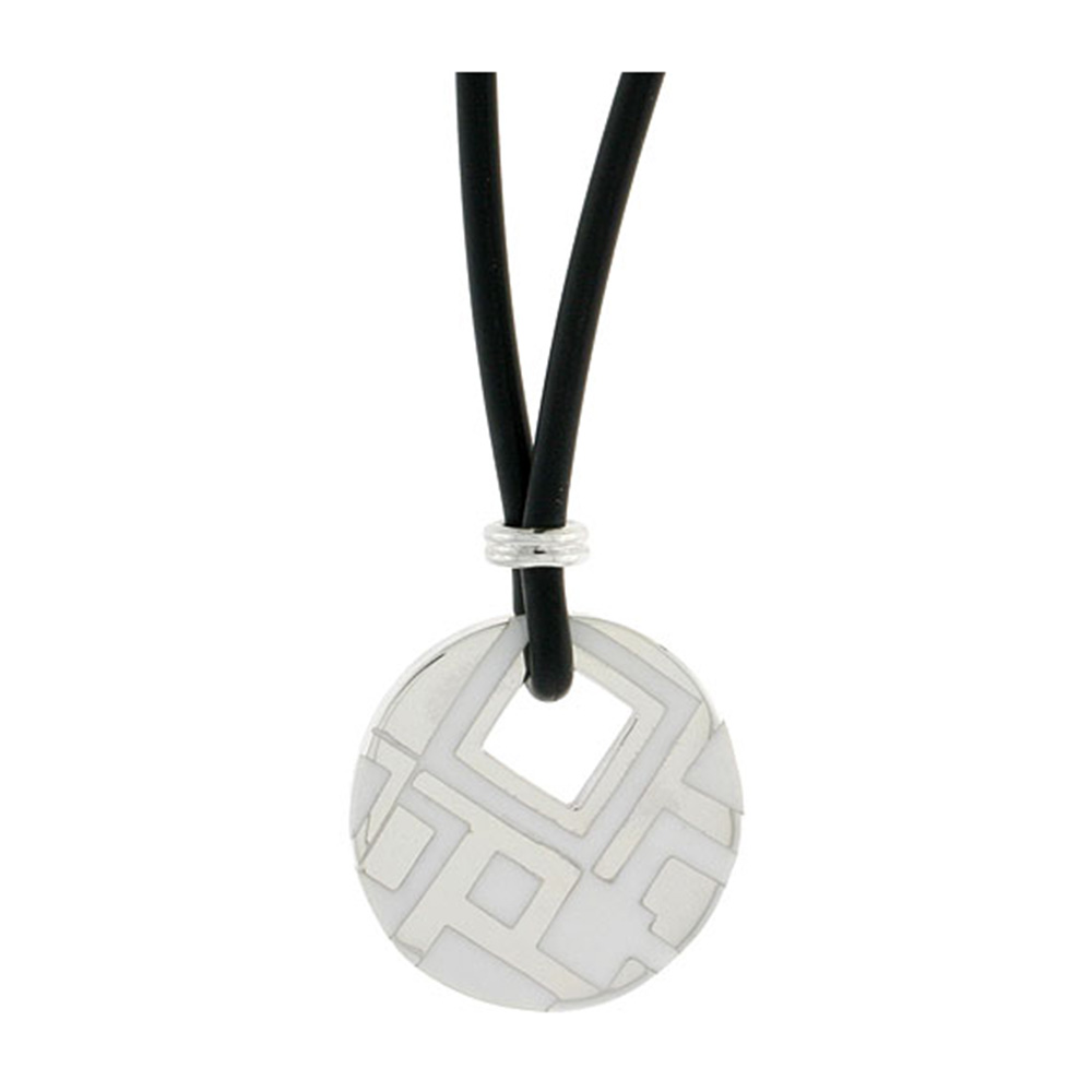 STERLING SILVER GEOMETRIC PATTERN ROUND DISC PENDANT ON RUBBER NECKLACE WHITE ENAMEL, 20 INCHES LONG