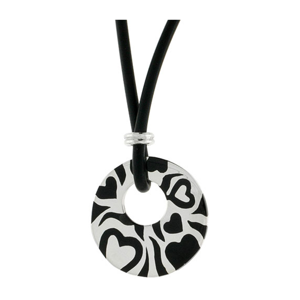 Sterling Silver Hearts Round Disc Pendant on Rubber Necklace Black Enamel, 20 inches long