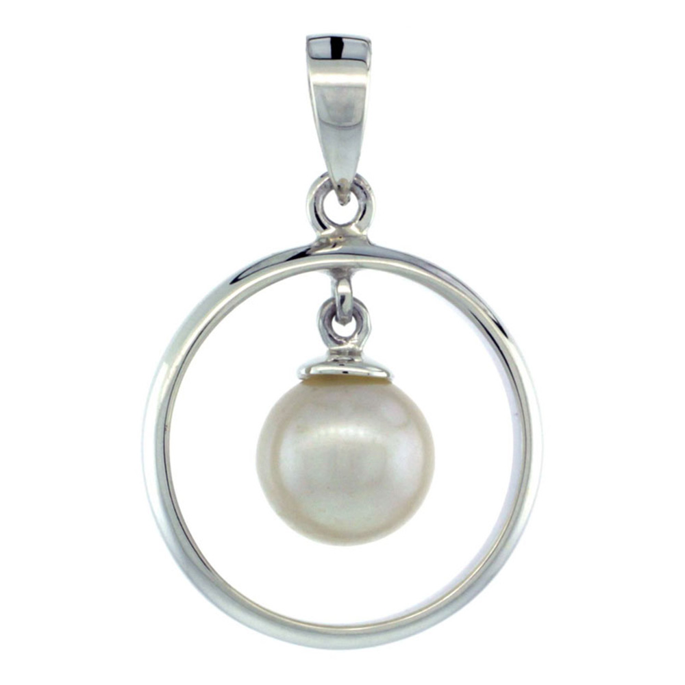 STERLING SILVER DANGLE PEARL IN CIRCLE PENDANT 11/16 IN. (17 MM), HIGH POLISHED FINISH
