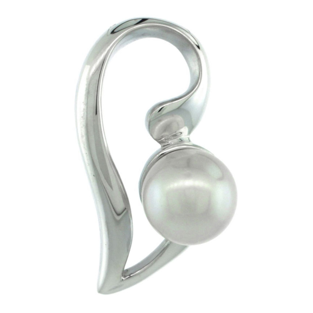 STERLING SILVER FANCY HALF HEART PEARL PENDANT 7/8 IN. (22 MM), HIGH POLISHED FINISH
