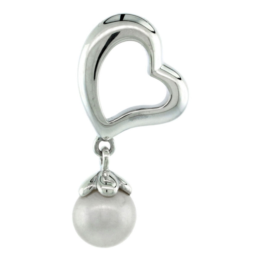 STERLING SILVER FANCY HEART CUT OUT W/ DANGLE PEARL PENDANT 1 IN. (26 MM), HIGH POLISHED FINISH