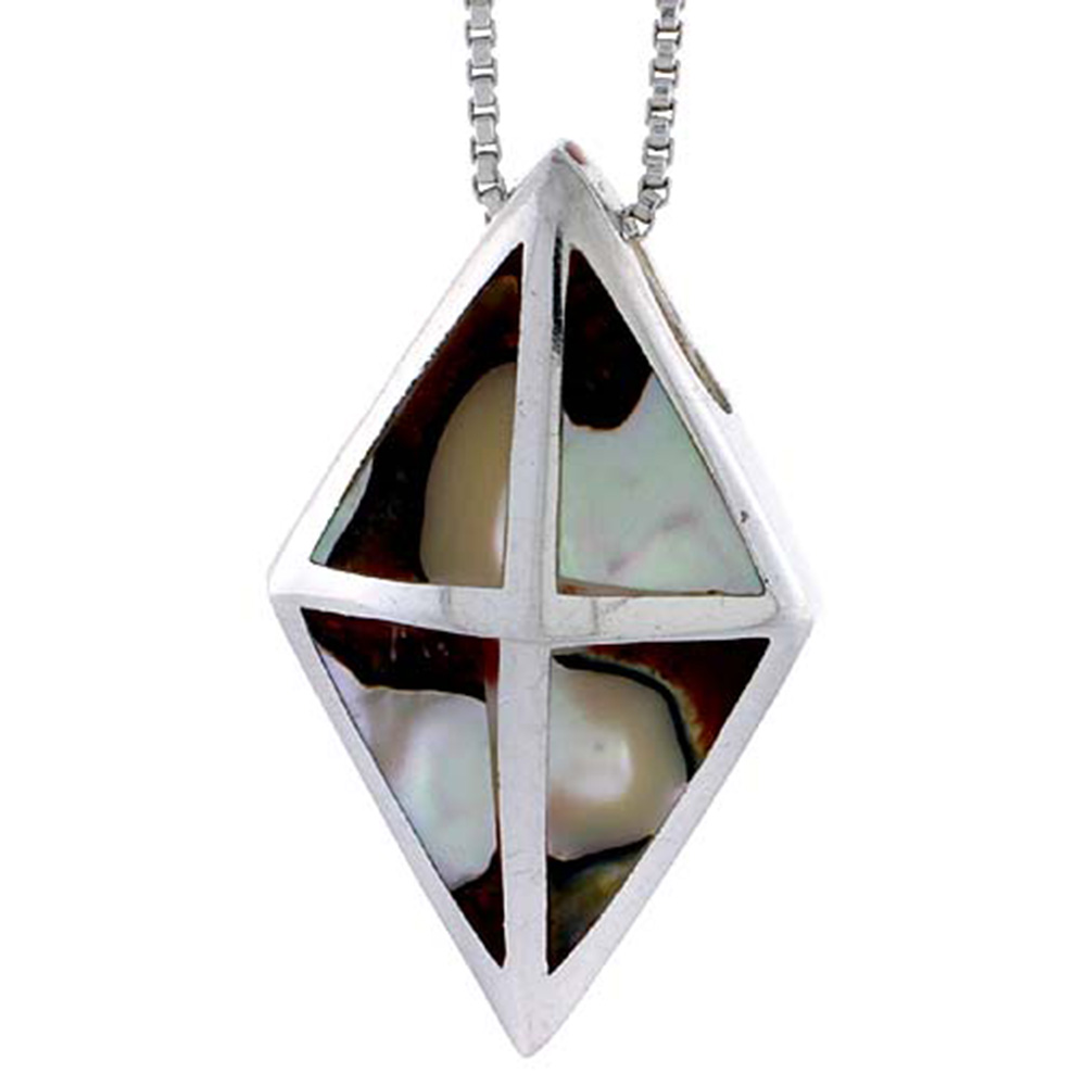 STERLING SILVER DIAMOND-SHAPED SLIDER SHELL PENDANT, W/ COLORFUL MOTHER OF PEARL INLAY, 1 5/16" (33 MM) TALL& 18" THIN SNAKE CHAIN