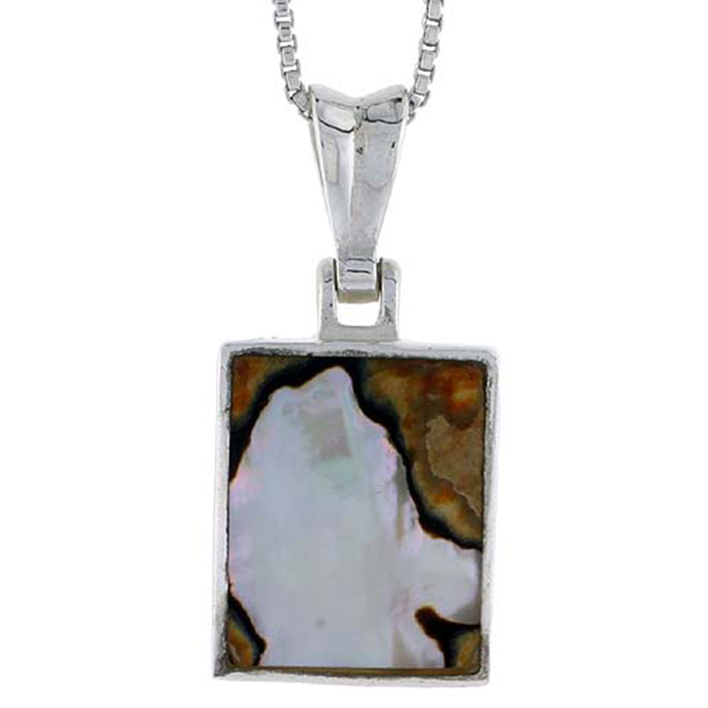 STERLING SILVER SQUARE SHELL PENDANT, W/ COLORFUL MOTHER OF PEARL INLAY, 1" (25 MM) TALL& 18" THIN SNAKE CHAIN