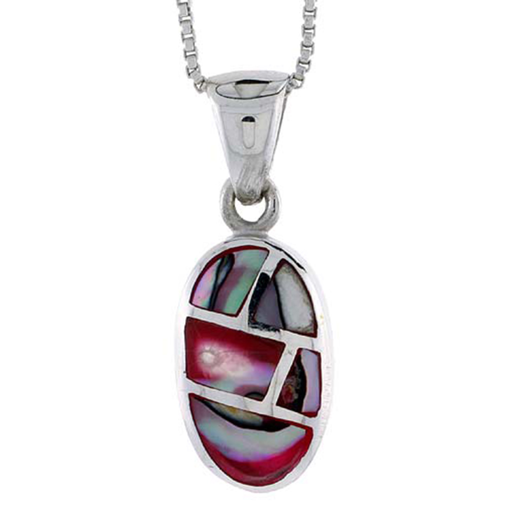 STERLING SILVER OVAL SHELL PENDANT, W/ COLORFUL MOTHER OF PEARL INLAY, 15/16" (24 MM) TALL& 18" THIN SNAKE CHAIN