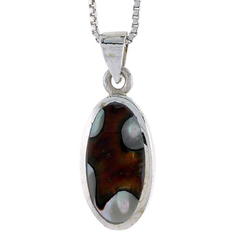 STERLING SILVER OVAL SHELL PENDANT, W/ COLORFUL MOTHER OF PEARL INLAY, 7/8" (22 MM) TALL& 18" THIN SNAKE CHAIN