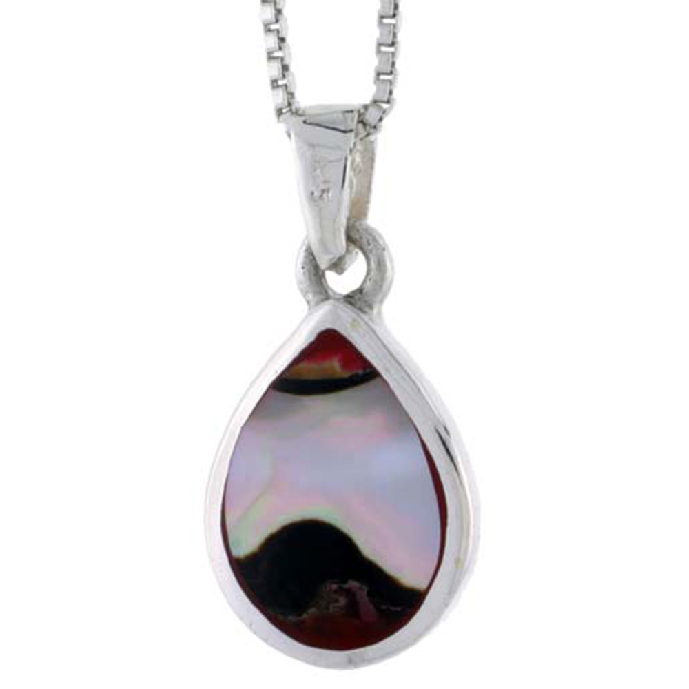 STERLING SILVER PEAR-SHAPED SHELL PENDANT, W/ COLORFUL MOTHER OF PEARL INLAY, 3/4" (20 MM) TALL& 18" THIN SNAKE CHAIN