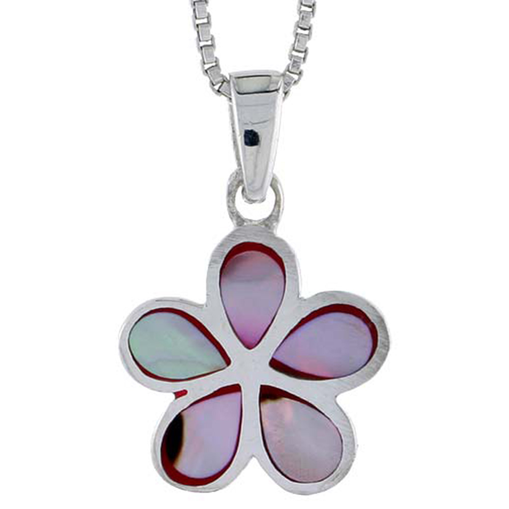 STERLING SILVER FIVE-PETAL FLOWER SHELL PENDANT, W/ COLORFUL MOTHER OF PEARL INLAY, 3/4" (19 MM) TALL& 18" THIN SNAKE CHAIN