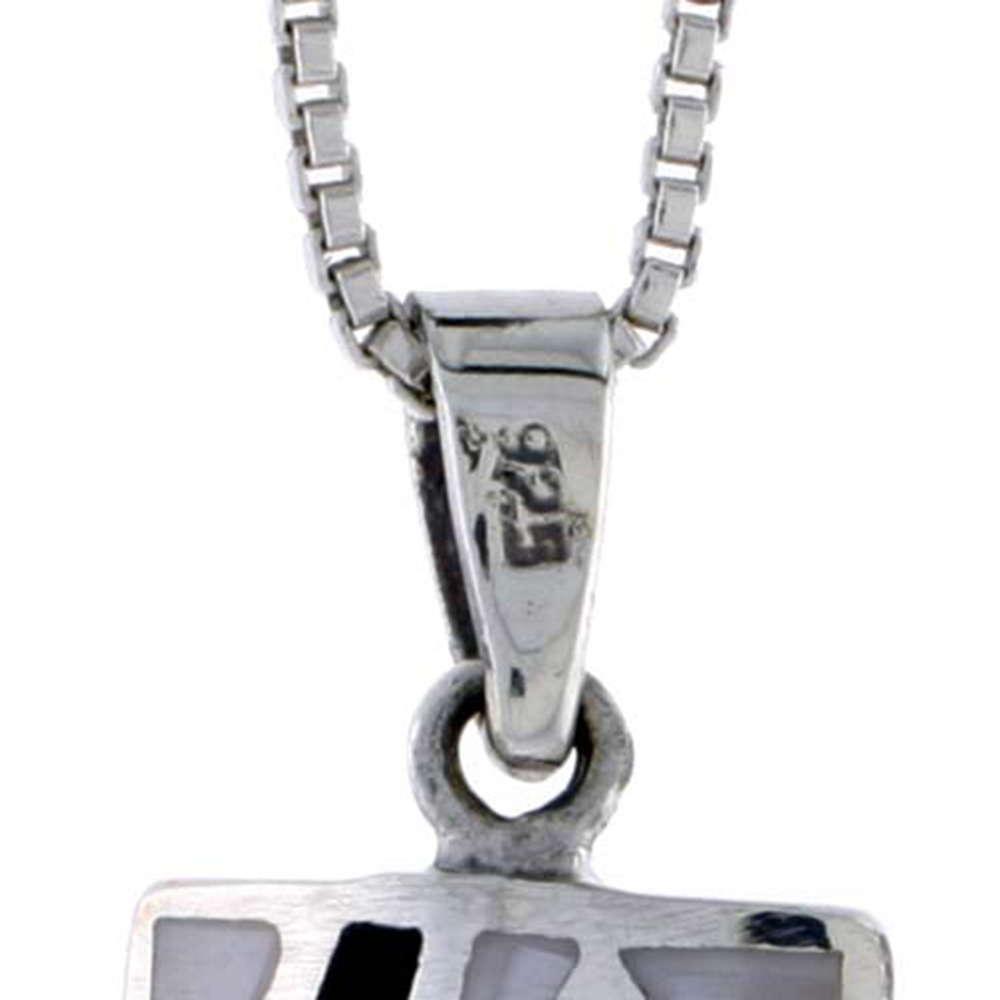 STERLING SILVER RECTANGULAR SHELL PENDANT, W/ BLACK & WHITE MOTHER OF PEARL INLAY, 3/4" (19 MM) TALL& 18" THIN SNAKE CHAIN