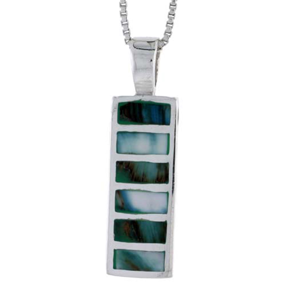 STERLING SILVER STRIPED RECTANGULAR SHELL PENDANT, W/ BLUE-GREEN MOTHER OF PEARL INLAY, 1" (26 MM) TALL& 18" THIN SNAKE CHAIN
