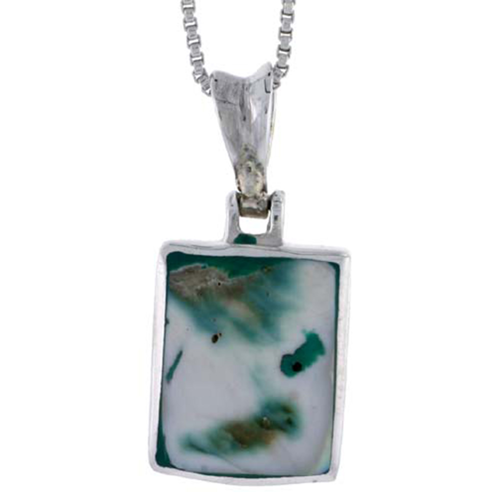STERLING SILVER SQUARE-SHAPED SHELL PENDANT, W/ BLUE-GREEN MOTHER OF PEARL INLAY, 13/16" (20 MM) TALL& 18" THIN SNAKE CHAIN