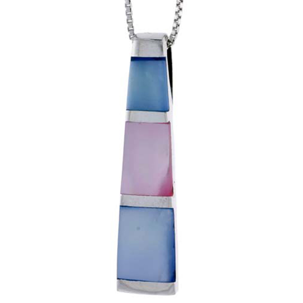 STERLING SILVER TOWER SLIDER SHELL PENDANT, W/ PINK & BLUE MOTHER OF PEARL INLAY, 1 11/16" (43 MM) TALL& 18" THIN SNAKE CHAIN