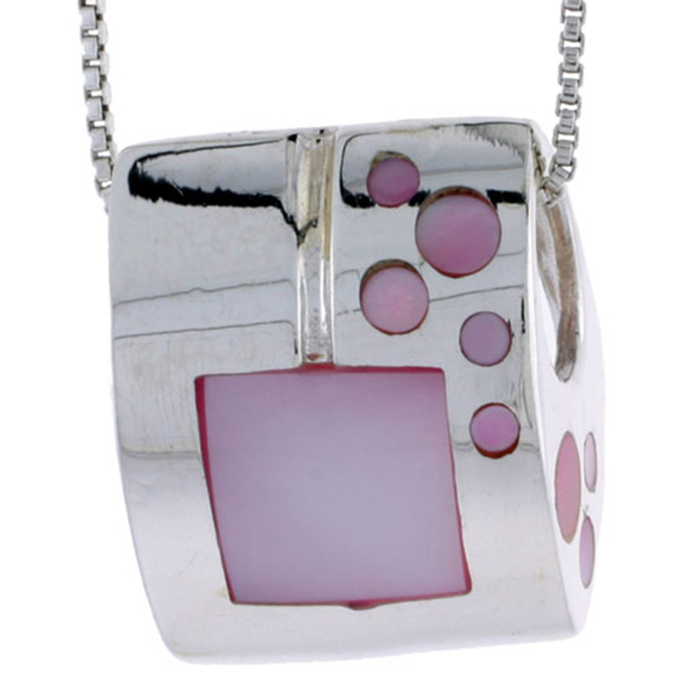 STERLING SILVER SQUARE SLIDER SHELL PENDANT, W/ PINK MOTHER OF PEARL INLAY, 7/8" (22 MM) TALL& 18" THIN SNAKE CHAIN