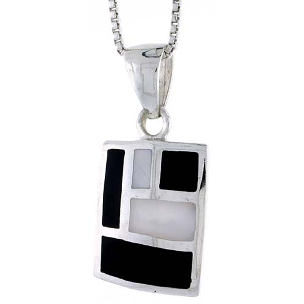 STERLING SILVER RECTANGULAR SHELL PENDANT, W/ BLACK & WHITE MOTHER OF PEARL INLAY, 7/8" (22 MM) TALL& 18" THIN SNAKE CHAIN