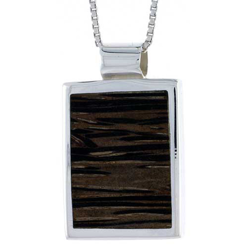 STERLING SILVER SQUARE-SHAPED SLIDER PENDANT, W/ ANCIENT WOOD INLAY, 7/8" (22 MM) TALL, W/ 18" THIN SNAKE CHAIN