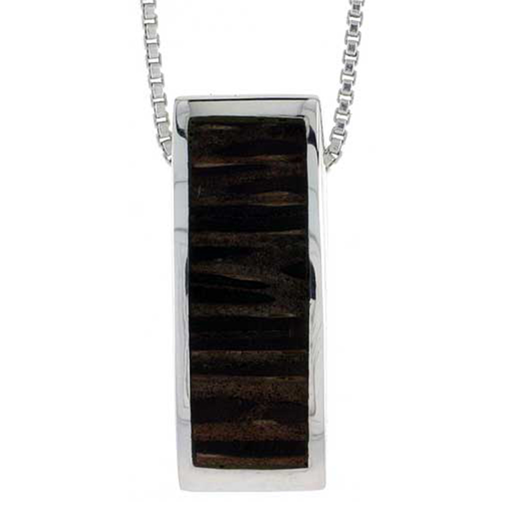 STERLING SILVER RECTANGULAR SLIDER PENDANT, W/ ANCIENT WOOD INLAY, 7/8" (22 MM) TALL, W/ 18" THIN SNAKE CHAIN