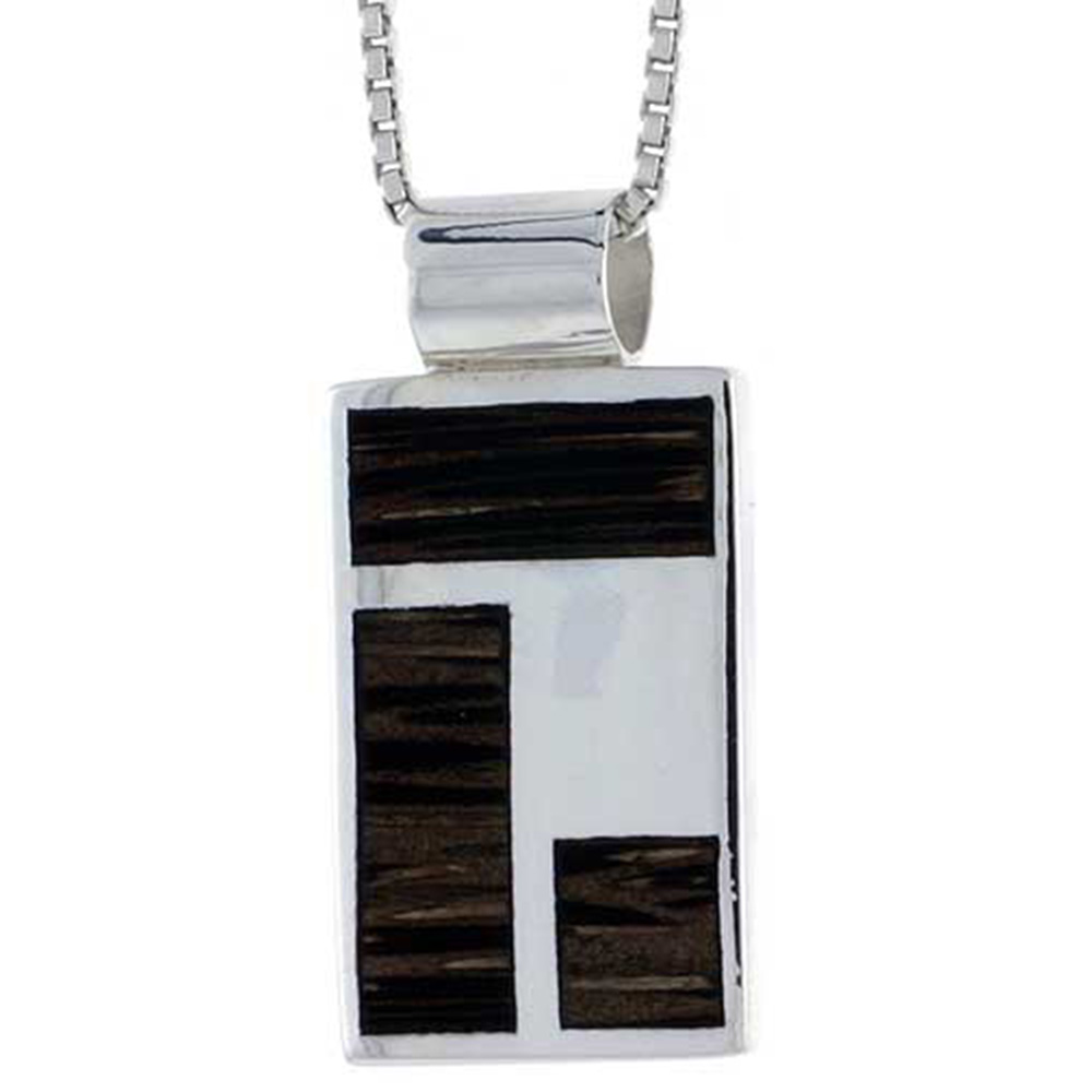 STERLING SILVER RECTANGULAR SLIDER PENDANT, W/ ANCIENT WOOD INLAY, 3/4" (19 MM) TALL, W/ 18" THIN SNAKE CHAIN