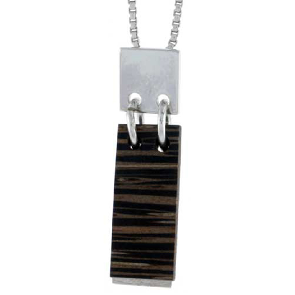 STERLING SILVER BAR SLIDER PENDANT, W/ ANCIENT WOOD INLAY, 1 1/16" (27 MM) TALL, W/ 18" THIN SNAKE CHAIN
