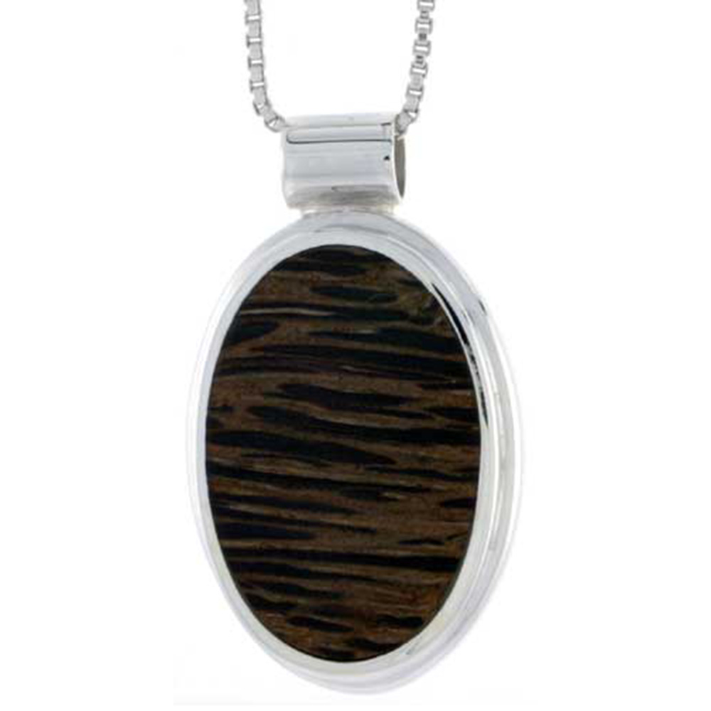 STERLING SILVER OVAL SLIDER PENDANT, W/ ANCIENT WOOD INLAY, 1" (26 MM) TALL, W/ 18" THIN SNAKE CHAIN