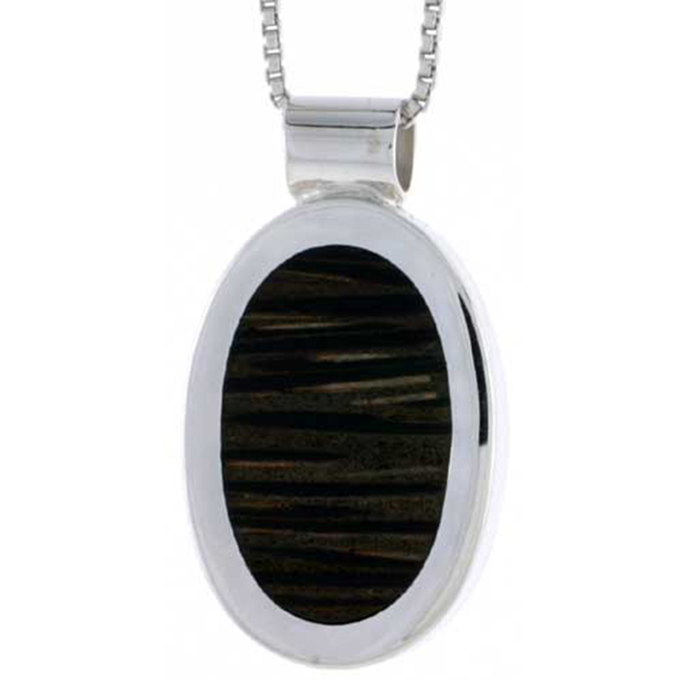 STERLING SILVER OVAL SLIDER PENDANT, W/ ANCIENT WOOD INLAY, 15/16" (24 MM) TALL, W/ 18" THIN SNAKE CHAIN