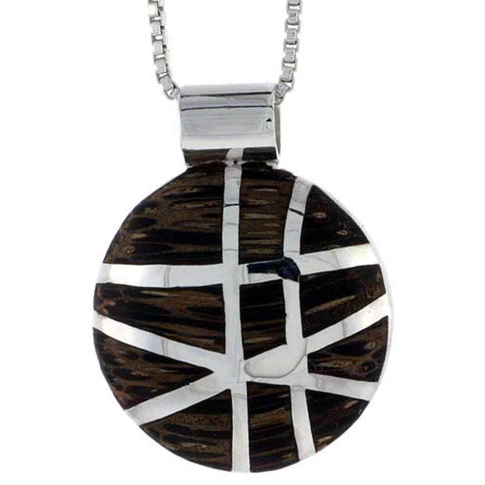 STERLING SILVER ROUND SLIDER PENDANT, W/ ANCIENT WOOD INLAY, 13/16" (20 MM) TALL, W/ 18" THIN SNAKE CHAIN