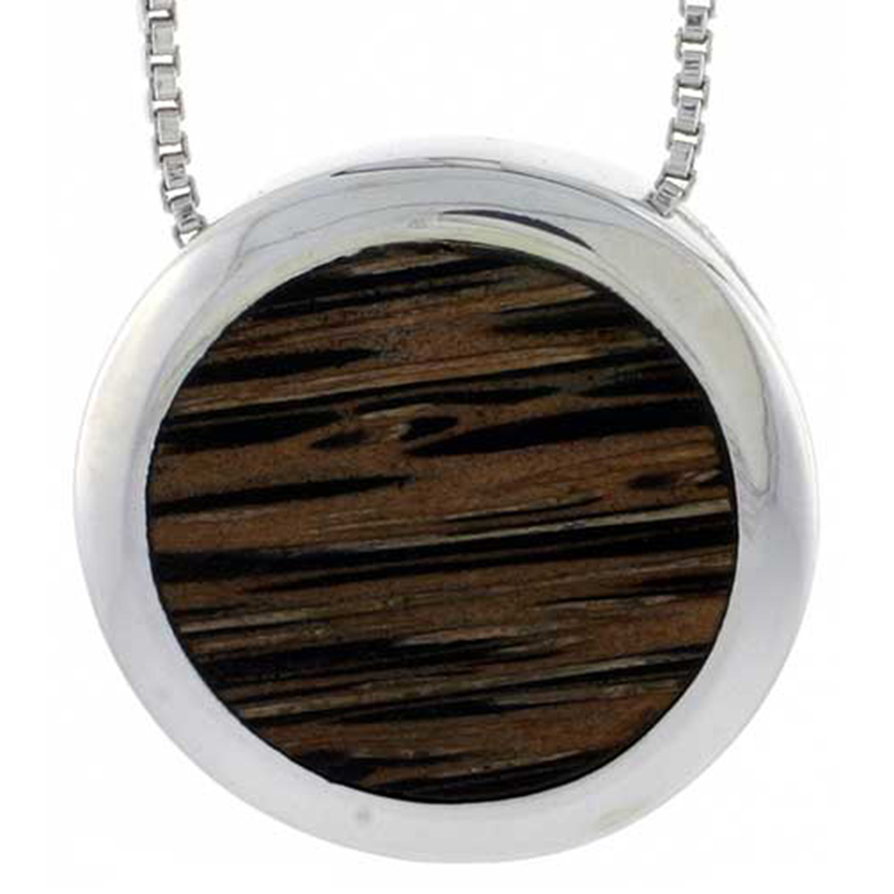 STERLING SILVER ROUND SLIDER PENDANT, W/ ANCIENT WOOD INLAY, 13/16" (20 MM), W/ 18" THIN SNAKE CHAIN