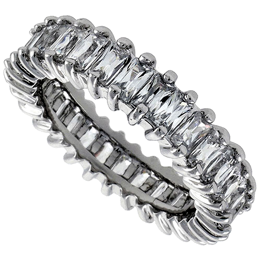 STERLING SILVER CUBIC ZIRCONIA ETERNITY RING EMERALD CUT 4X2MM RHODIUM FINISH, SIZES 6 - 9