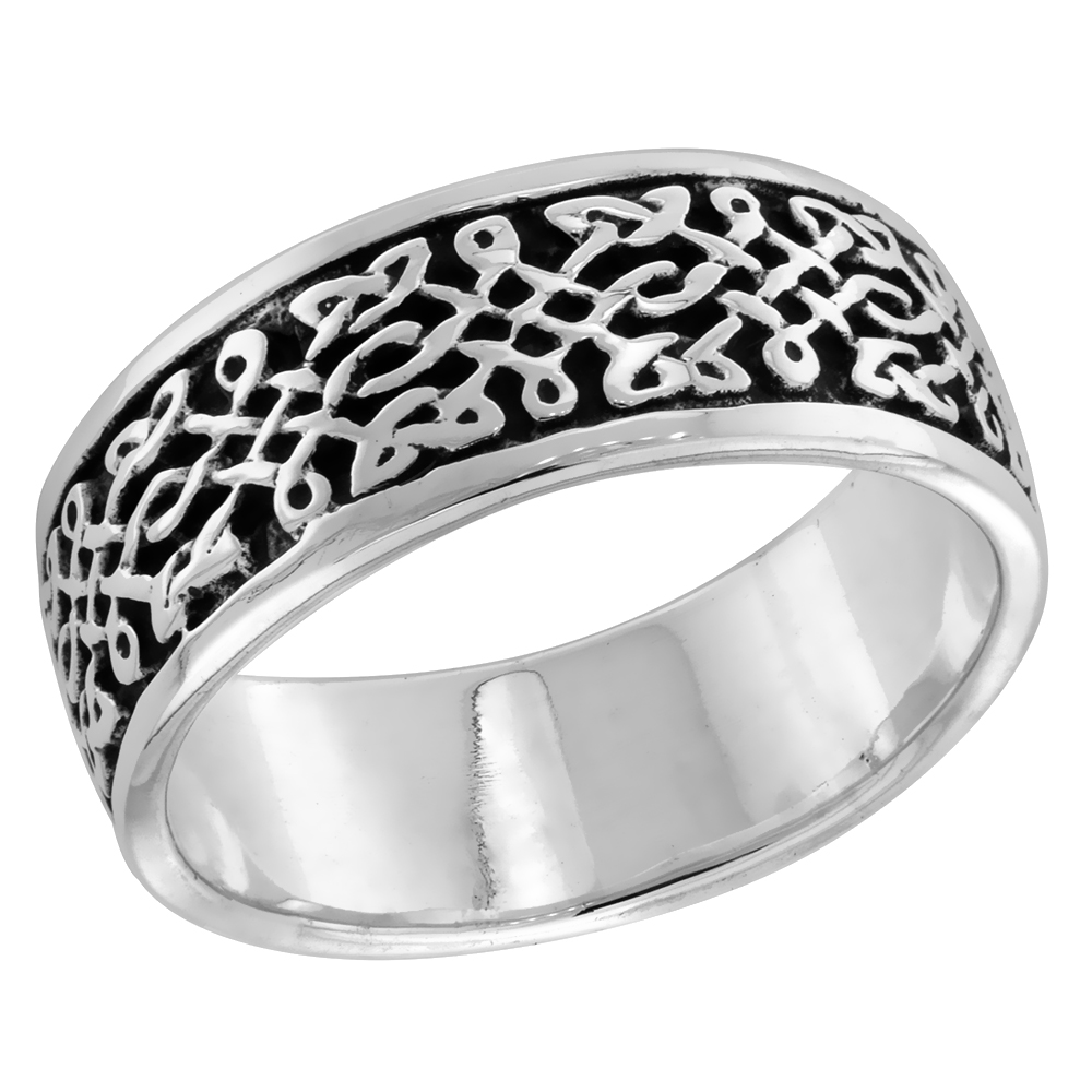 STERLING SILVER CELTIC KNOT RING FLAT WEDDING BAND THUMB RING 5/16 INCH WIDE, SIZES 9-14