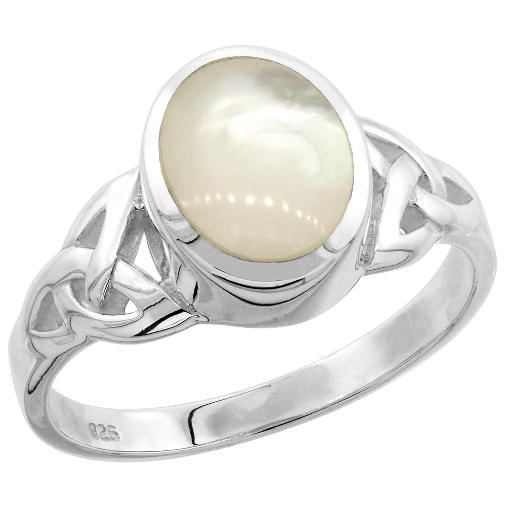 STERLING SILVER OVAL MOTHER OF PEARL CELTIC KNOT TRINITY TRIQUETRA RING FOR WOMEN HIGH POLISH 7/16 INCH SIZES 9-14