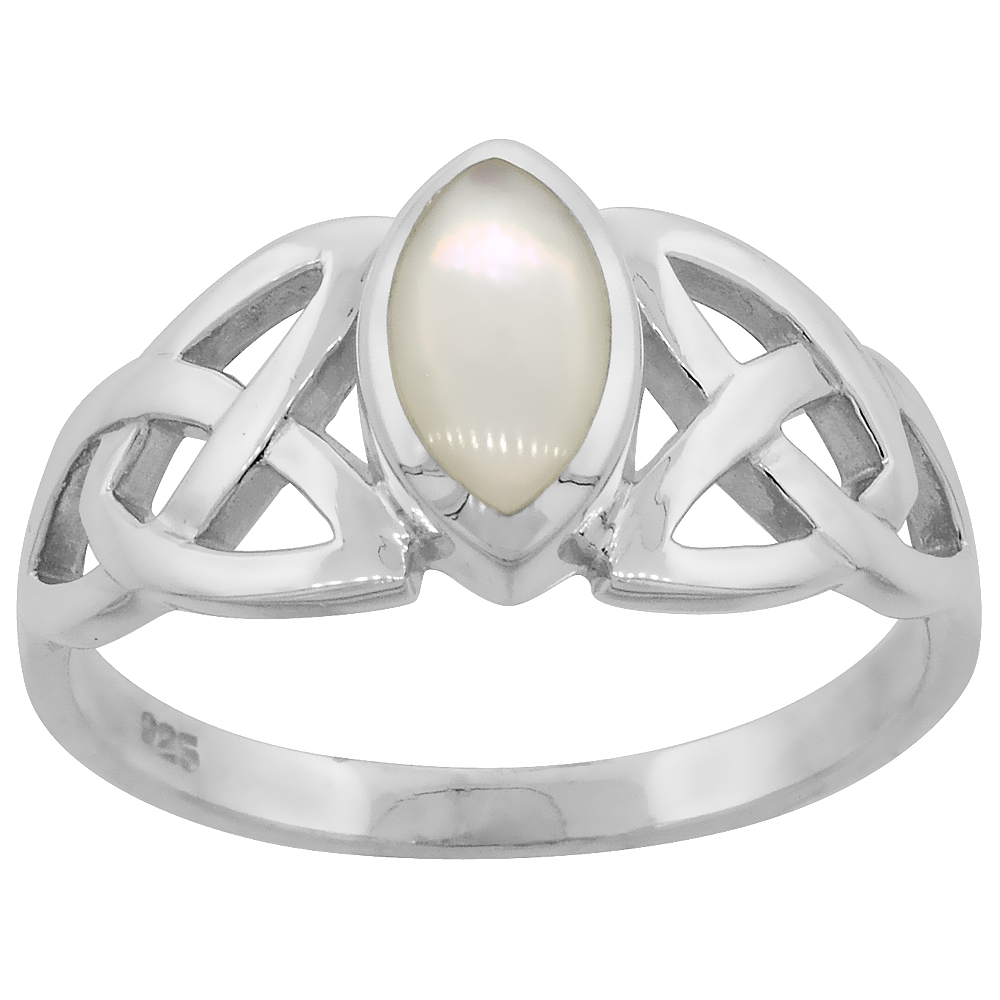 STERLING SILVER MARQUISE MOTHER OF PEARL CELTIC KNOT TRINITY TRIQUETRA RING FOR WOMEN HIGH POLISH 1/2 INCH SIZES 6-14