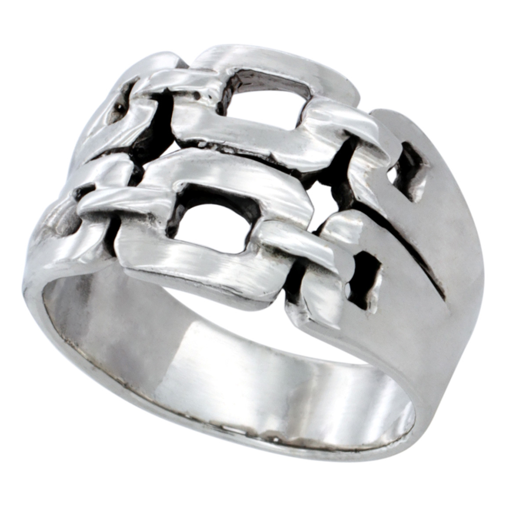 STERLING SILVER DOUBLE LINK CHAIN RING 7/16 INCH WIDE SIZES 5 - 14