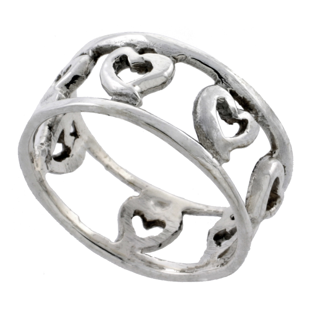 STERLING SILVER DAINTY HEARTS RING 5/16 INCH WIDE SIZES 6 - 10