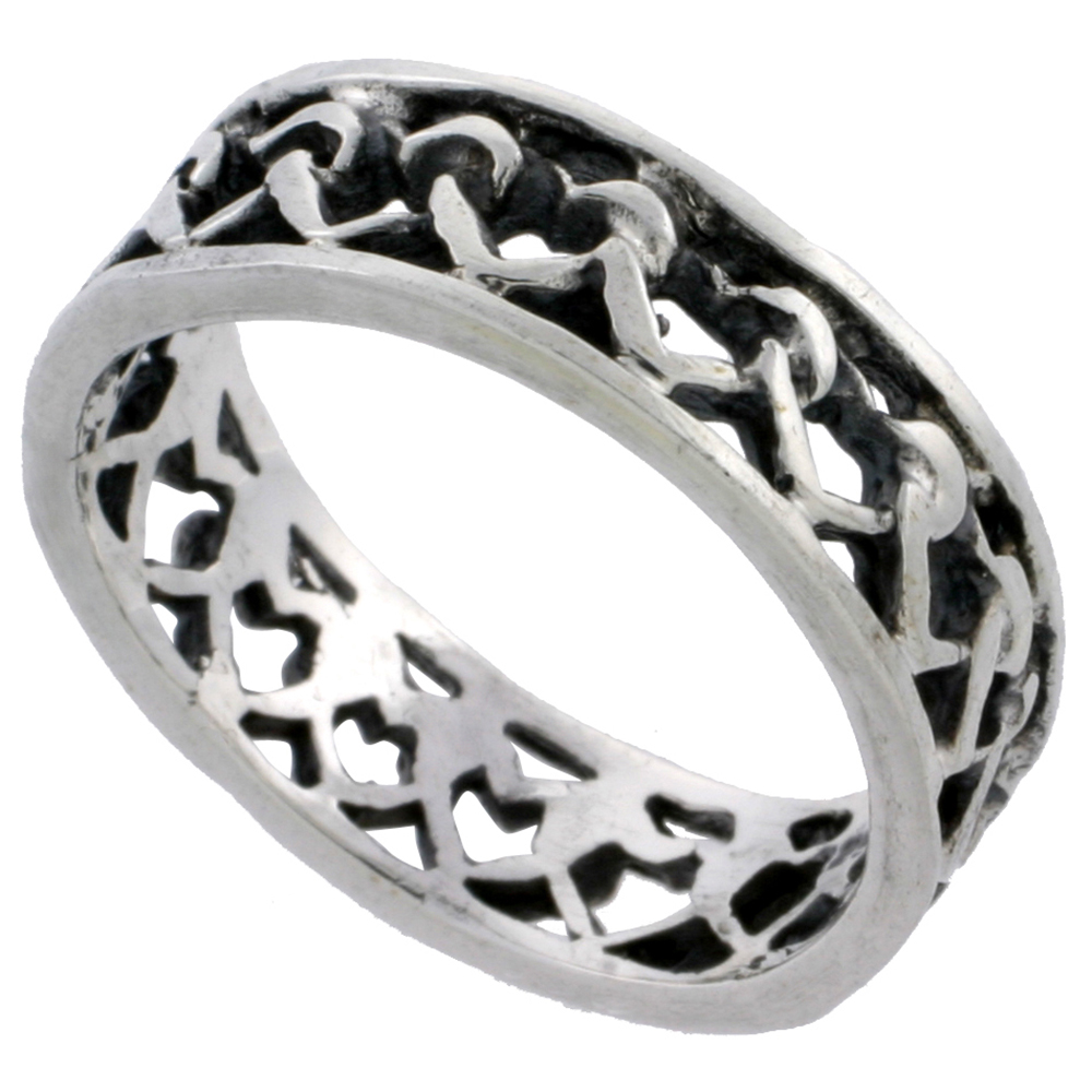 STERLING SILVER LINKED HEARTS RING 1/4 INCH WIDE SIZES 6 - 10