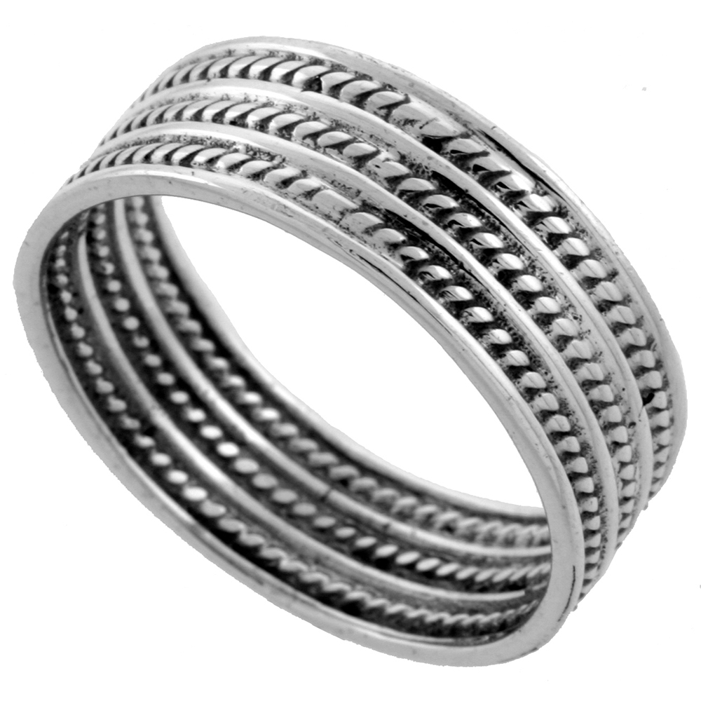 Sterling Silver Bali Style Rope Ring 3/8 inch wide sizes 6 - 10