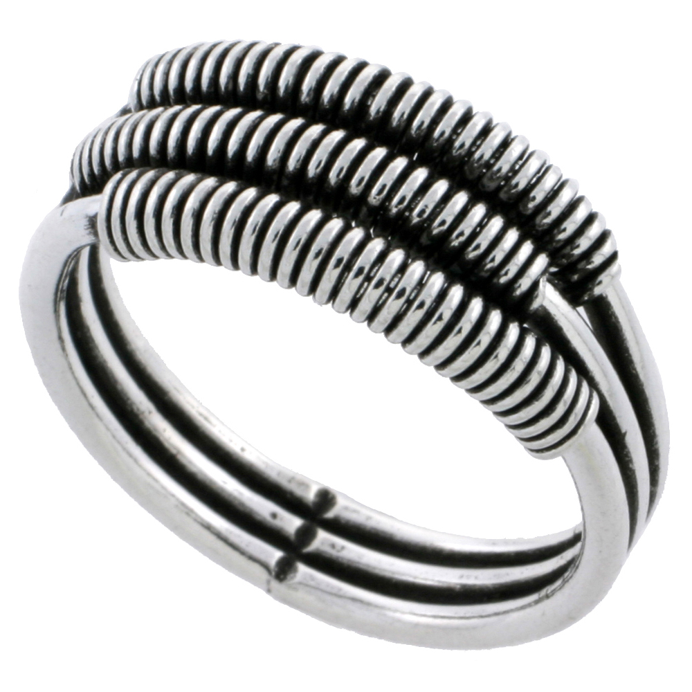 Sterling Silver Bali Style Wire Wrapped 3 Stack Ring 3/8 inch wide sizes 6 - 10