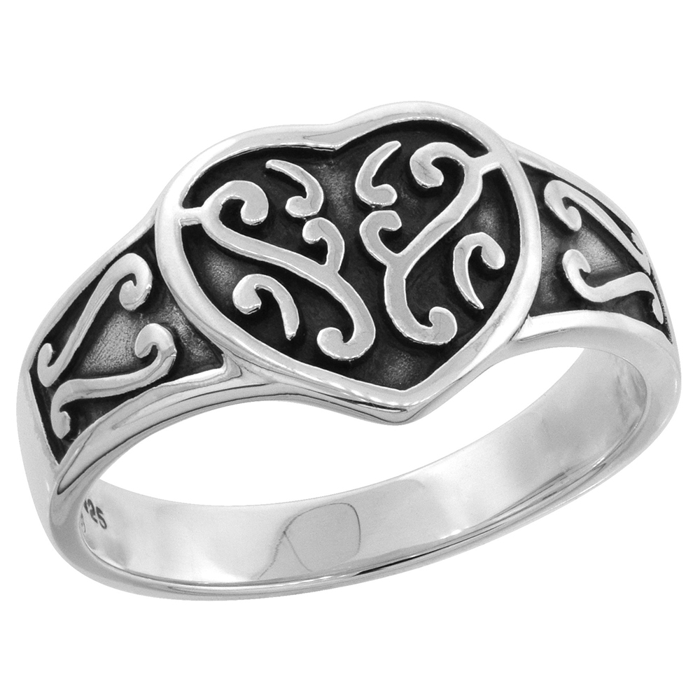 STERLING SILVER HEART RING S SCROLLS 3/8 INCH WIDE SIZES 6 - 10