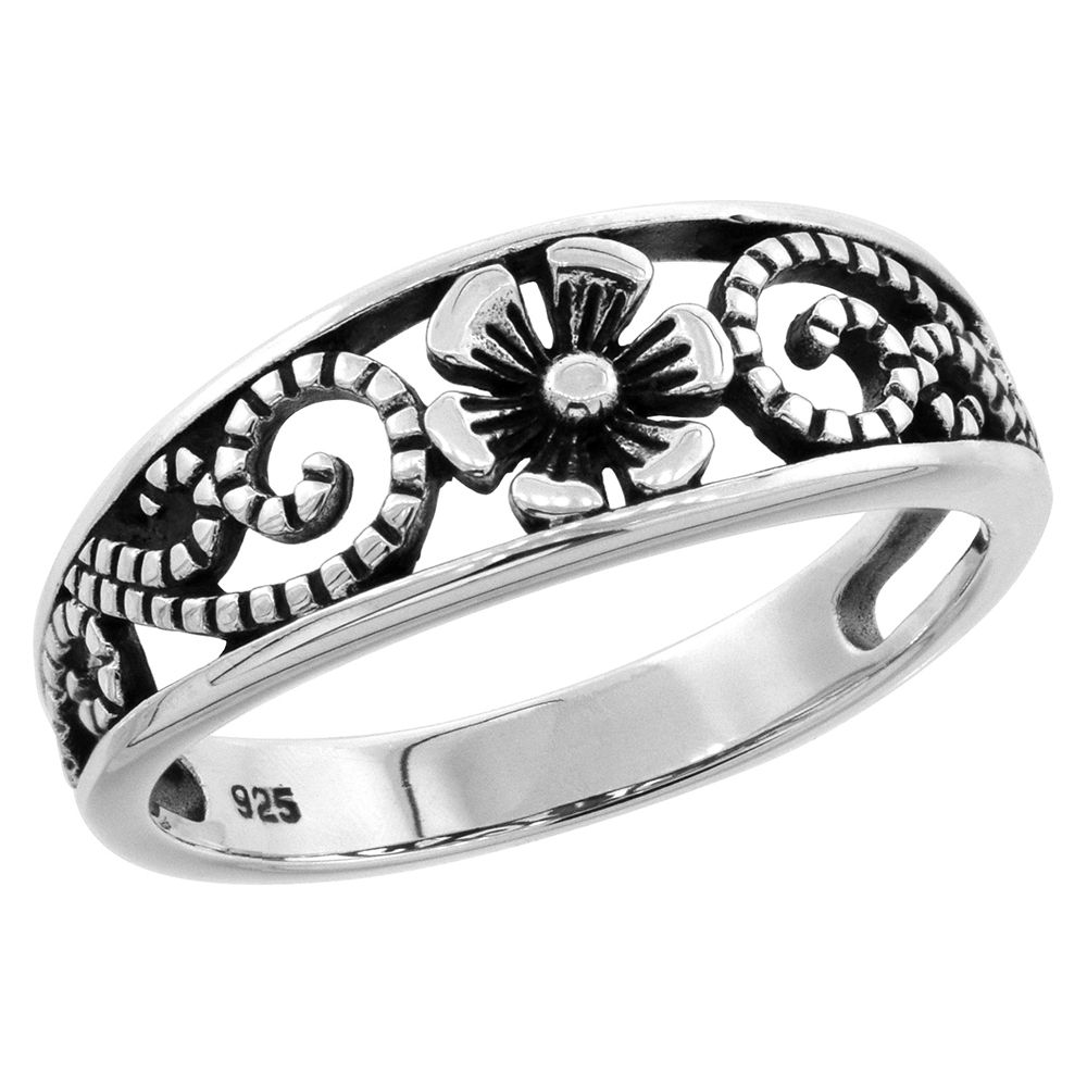 STERLING SILVER FLORAL VINE RING 1/4 INCH WIDE SIZES 6 - 10