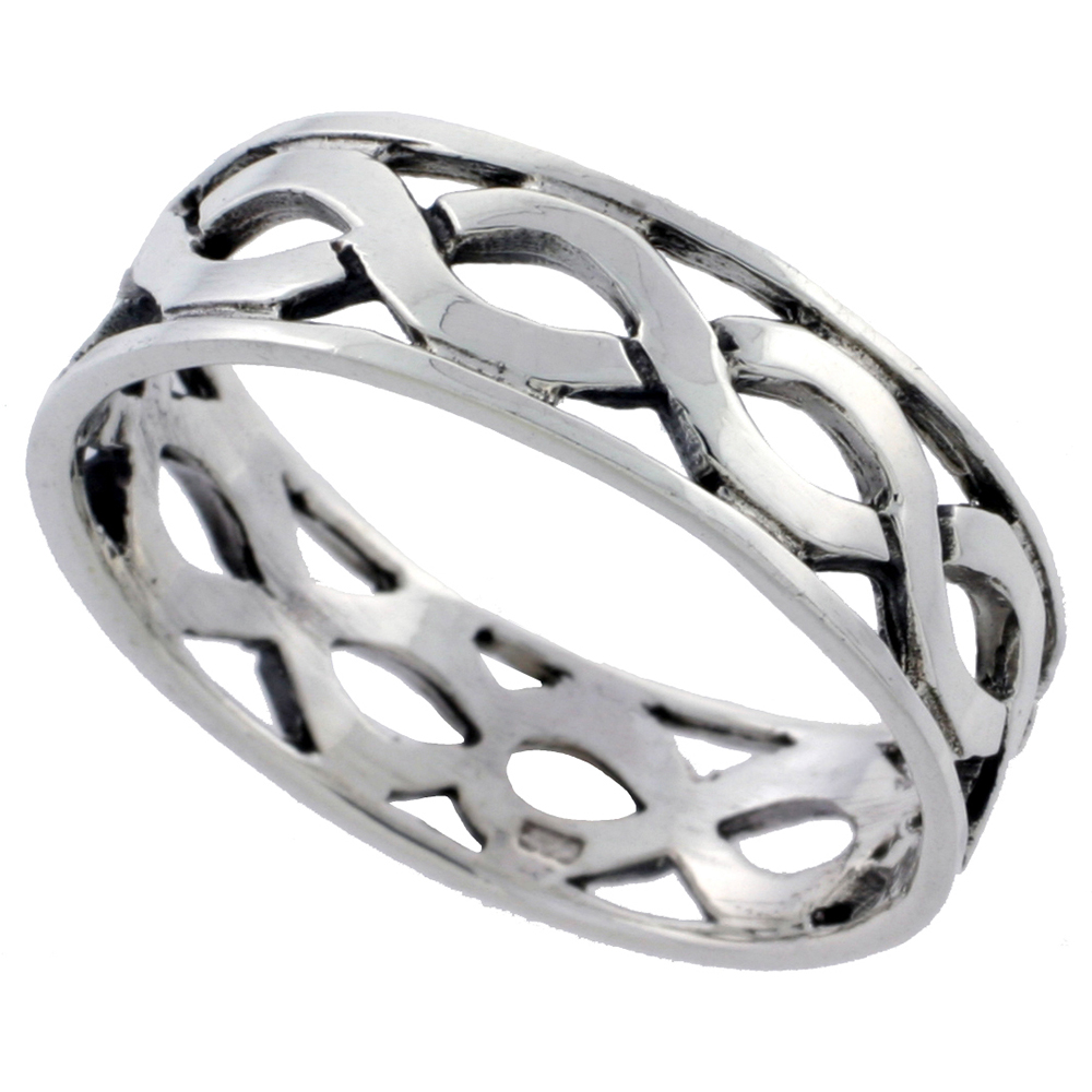 STERLING SILVER LINKED WAVES RING 1/4 INCH WIDE SIZES 6 - 10