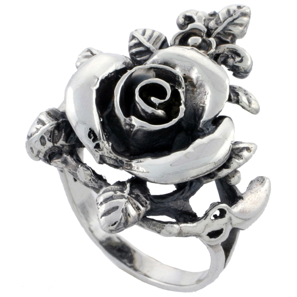STERLING SILVER ROSE RING LARGE 1 INCH SIZES 6 - 10