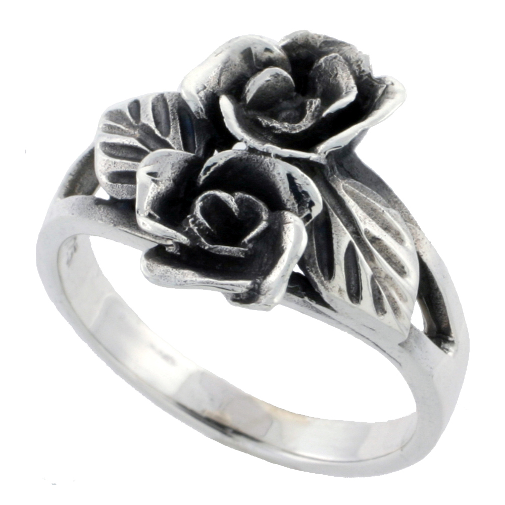 Sterling Silver 2 Roses Ring 5/8 inch wide sizes 6 - 10