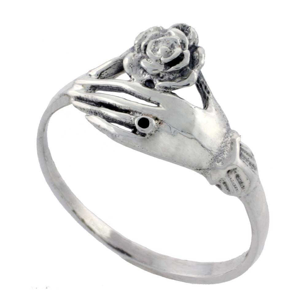 Sterling Silver Hand Holding Flower Ring 7/16 inch wide sizes 6 - 10