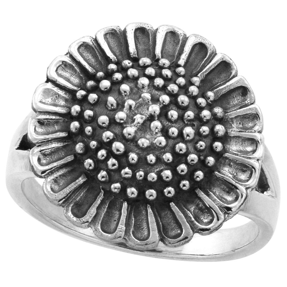 STERLING SILVER SUNFLOWER RING LARGE 5/8 INCH WIDE SIZES 6 - 10