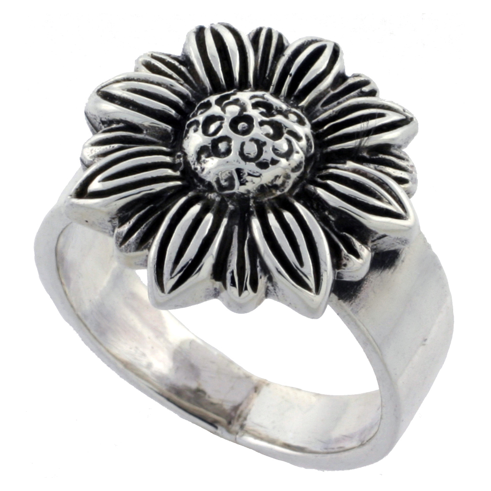STERLING SILVER SUNFLOWER RING LARGE 5/8 INCH WIDE SIZES 6 - 10