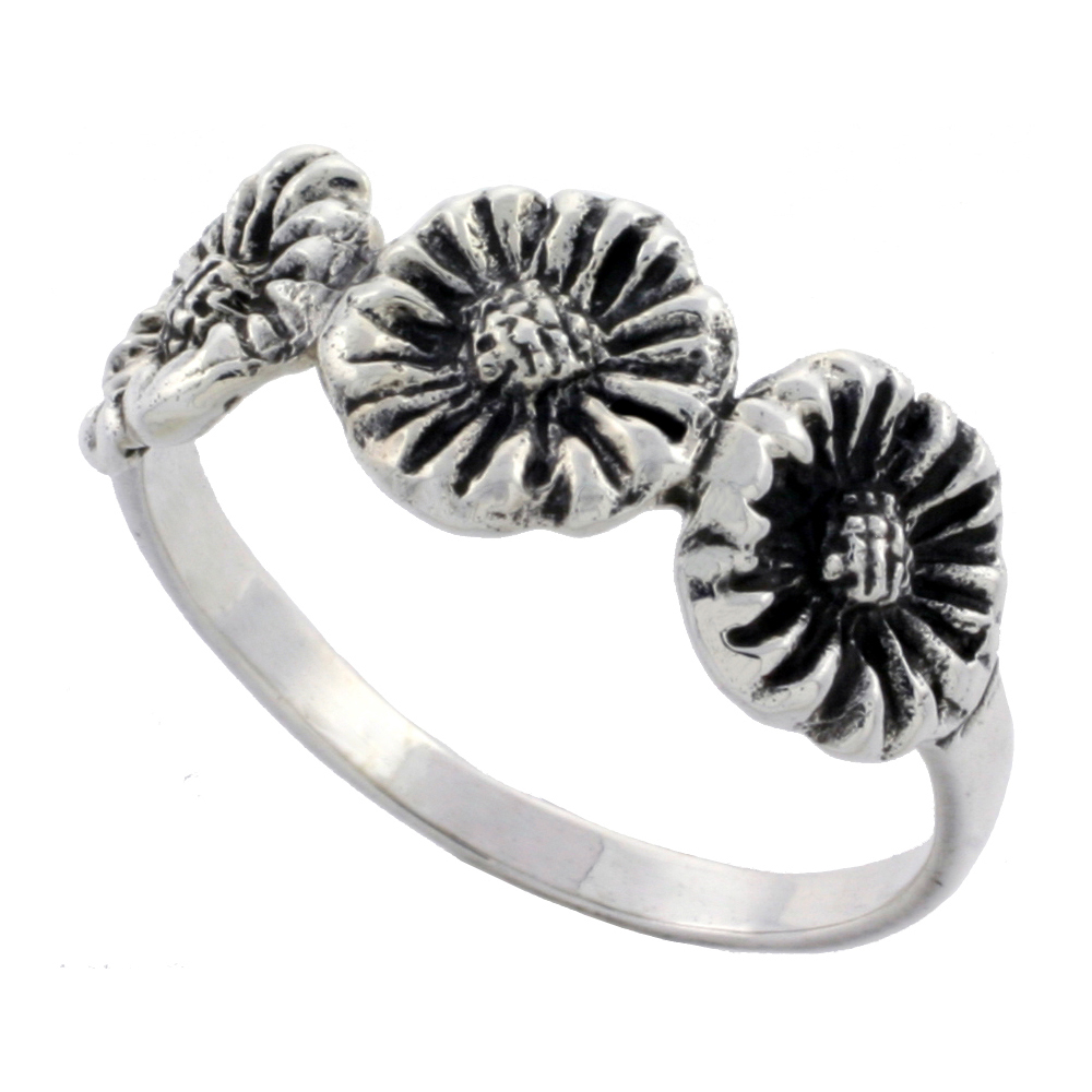 Sterling Silver 3 Sunflowers Ring 5/16 inch wide sizes 6 - 10