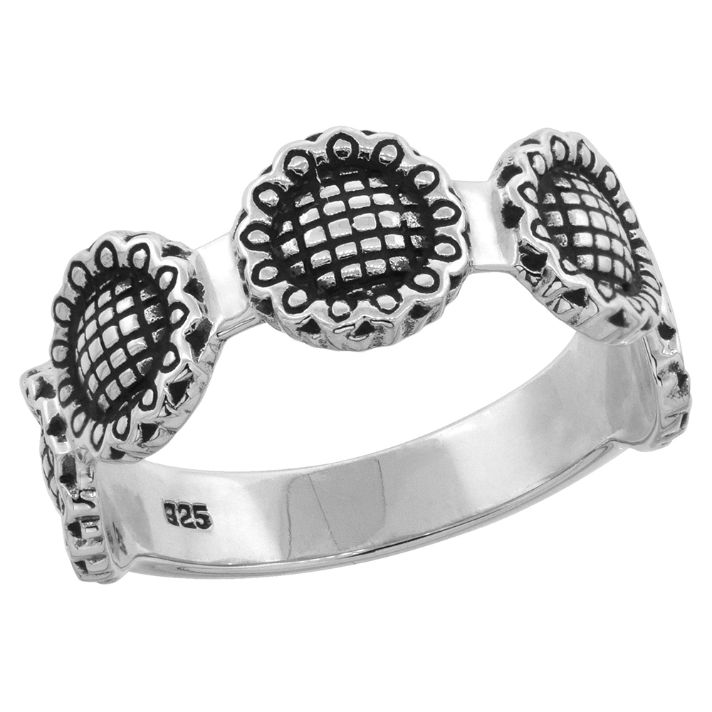 STERLING SILVER SUNFLOWERS RING 1/4 INCH WIDE SIZES 6 - 10