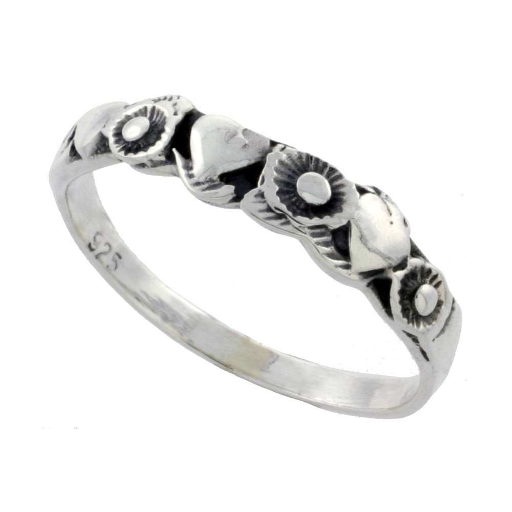 STERLING SILVER HEART & FLOWER STACKABLE RING 3/16 INCH WIDE SIZES 6 - 10