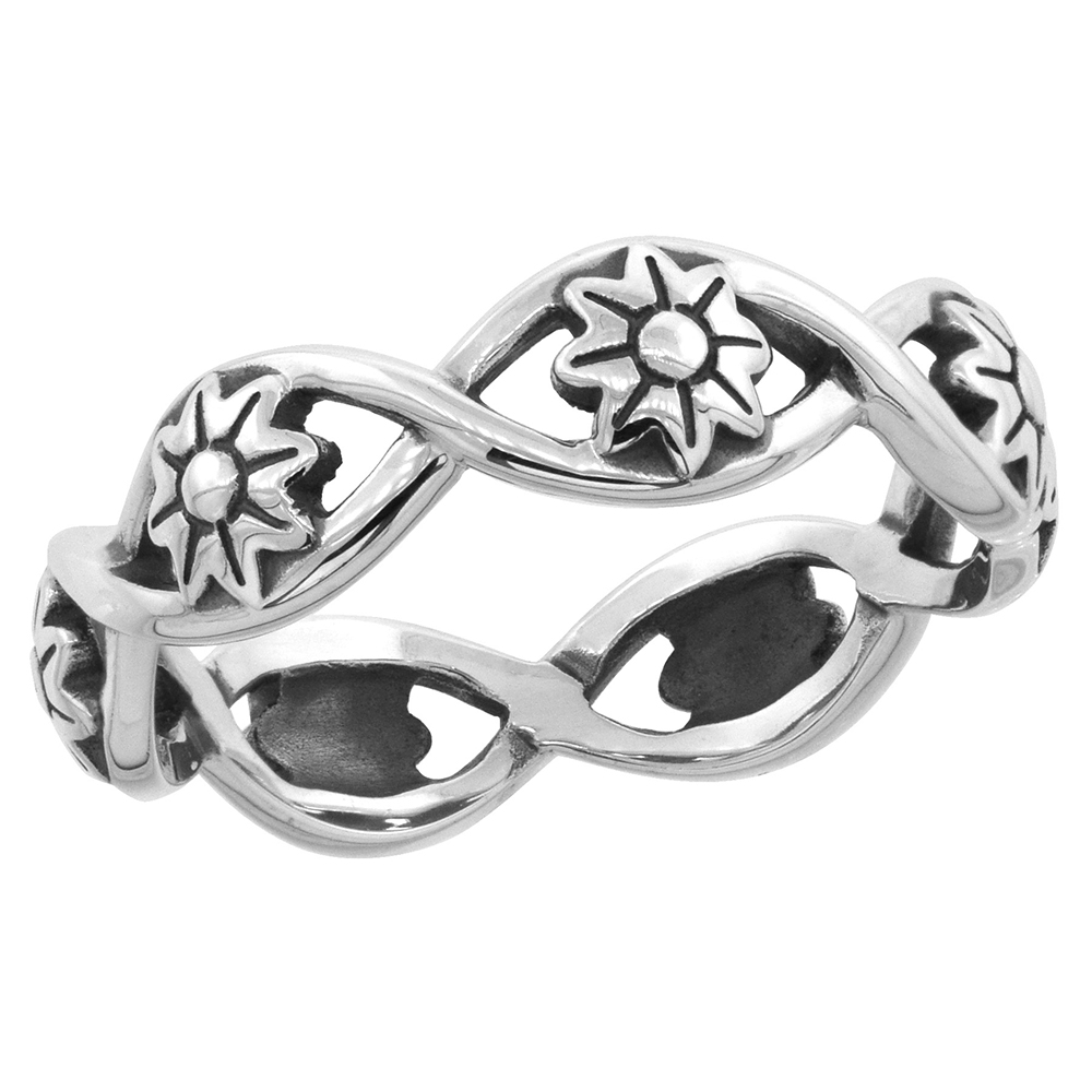 STERLING SILVER STACKABLE FLOWERS RING 1/4 INCH WIDE SIZES 6 - 10