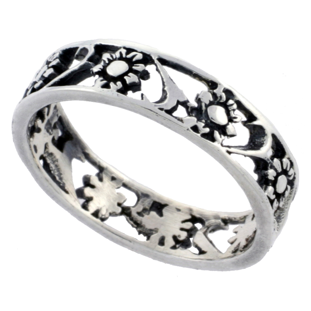 STERLING SILVER FLOWERS RING 3/16 INCH WIDE SIZES 6 - 10